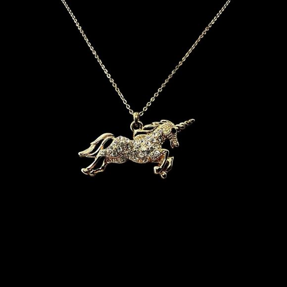Unicorn Pendant Necklace Rhinestone Gold Tone 1-3/4" Pave Crystal 15" GF Chain - Picture 9 of 11